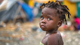 Amidst the clamor of a food camp, a young Haitian child, face wet with tears, turns towards the photographer with a look of startled curiosity