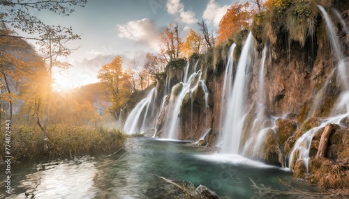 amazing morning view of pure water waterfall in plitvice national park marvelous autumn scene of croatia europe beauty of nature concept background