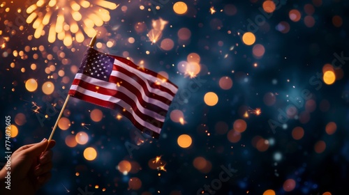 US national flag and fireworks show in celebration photo