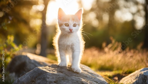 cute white kitten in park in nature stands on stone © Claudio