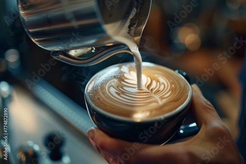 A barista pouring latte art on a cup of freshly brewed coffee.