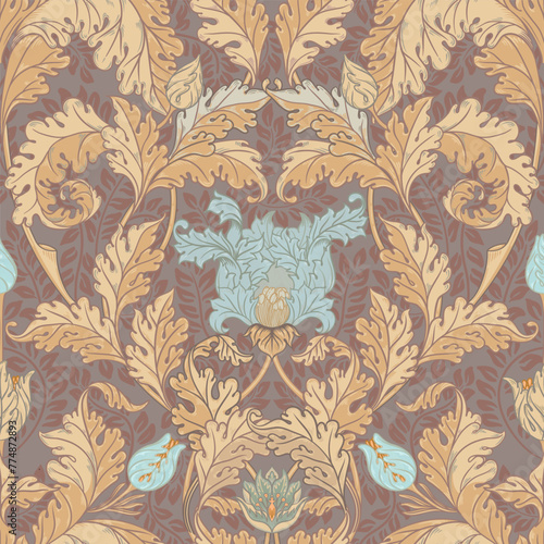 Floral vintage seamless pattern for retro wallpapers, textiles, designs. Enchanted Vintage Flowers. Arts and Crafts movement inspired.