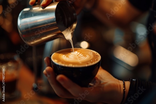 A barista pouring latte art on a cup of freshly brewed coffee.