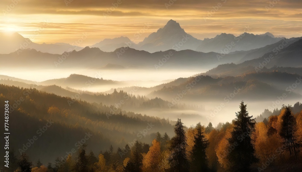 ai generated ai generative photo realistic illustration of mountains forest fog morning mystic graphic art