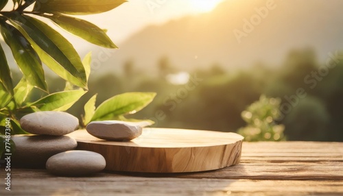 wooden product display podium with nature leaves zen stones and green plant on nature background spa and wellness concept