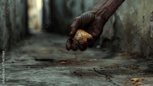 In the dim light of a forgotten alley, a skinny, dirty hand stretches forward, fingers trembling as they close around a piece of bread so stale it hardly promises relief photo