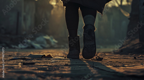 In the dim light of dawn, the shadowed figure of a poor woman walking alone, her uneven steps marked by one boot and a worn sock, a stark portrayal of enduring poverty. photo