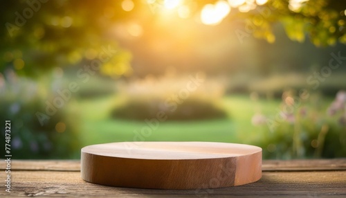 wooden podium with a blurred green garden background nature concept ai generated