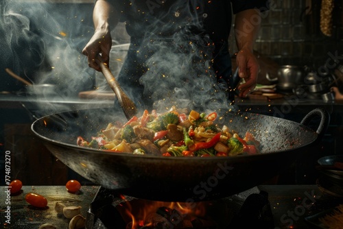 A chef tossing vegetables in a sizzling wok for a stir-fry dish