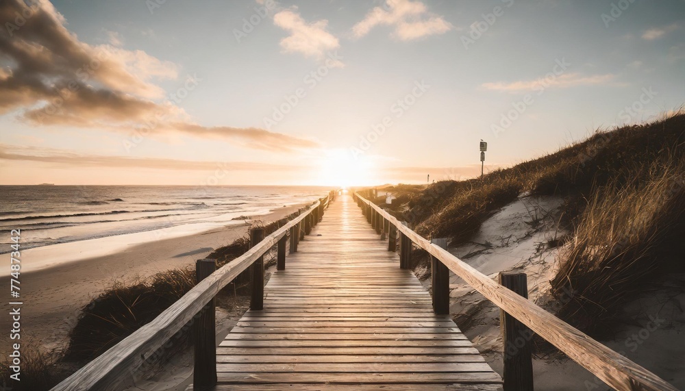 empty wooden walkway on the ocean coast in the sunset time pathway to beach