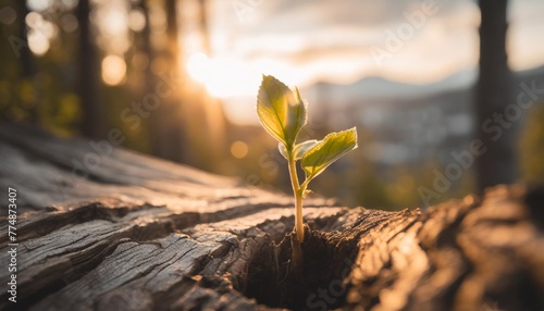 young plant sprout growing inside a dead wood trunk conceptual illustration about the force of life and the rebirth of nature generative ai photo