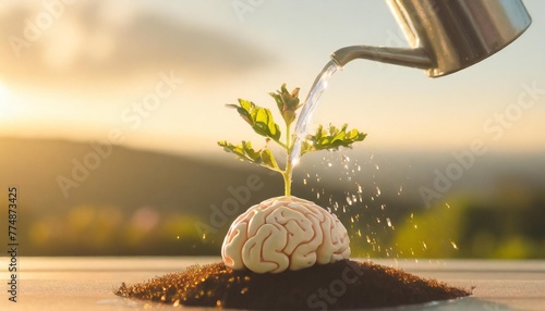 conceptual image of a brain as a growing plant being watered symbolizing mental growth and personal development photo