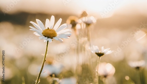 beautiful chamomile flowers in meadow spring or summer nature scene with blooming daisy in sun flares