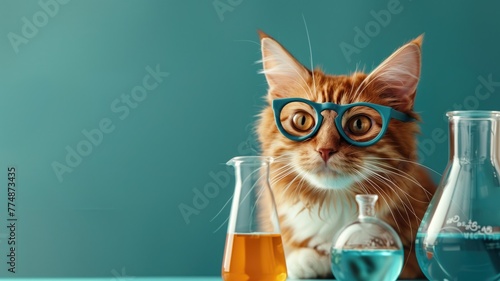 Cat with glasses sits beside colorful liquid-filled flasks on teal background, resembling scientist