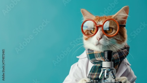 White and ginger cat wearing glasses scarf, posing with microscope on blue background