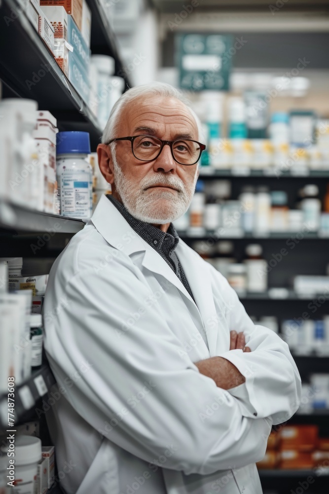 Portrait of smiling senior male pharmacist in a drug store Portrait of smiling senior male pharmacist in a drug store