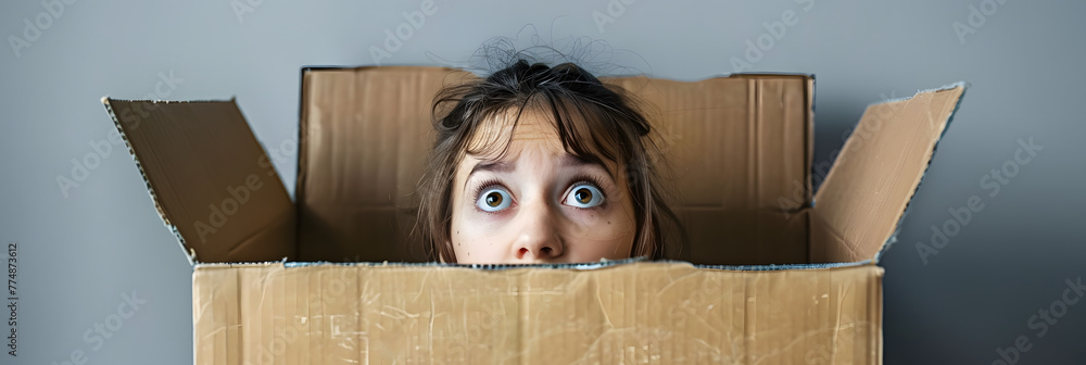 Think outside the box concept. Funny girl with scared face looking out of box at grey background. Getting out of comfort zone. - obrazy, fototapety, plakaty 