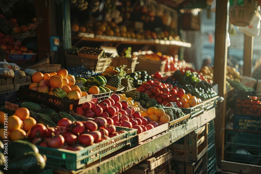 A farmer's market stall filled with organic fruits and vegetables. 