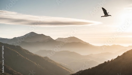 a scenic view of different mountains with a bird flying above suitable for travel and nature concepts