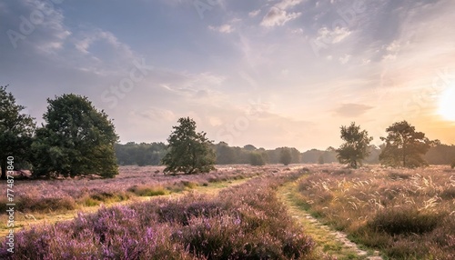 landscape with purple blooming heather in nature park veluwe posbank oosterbeek gelderland in the netherlands