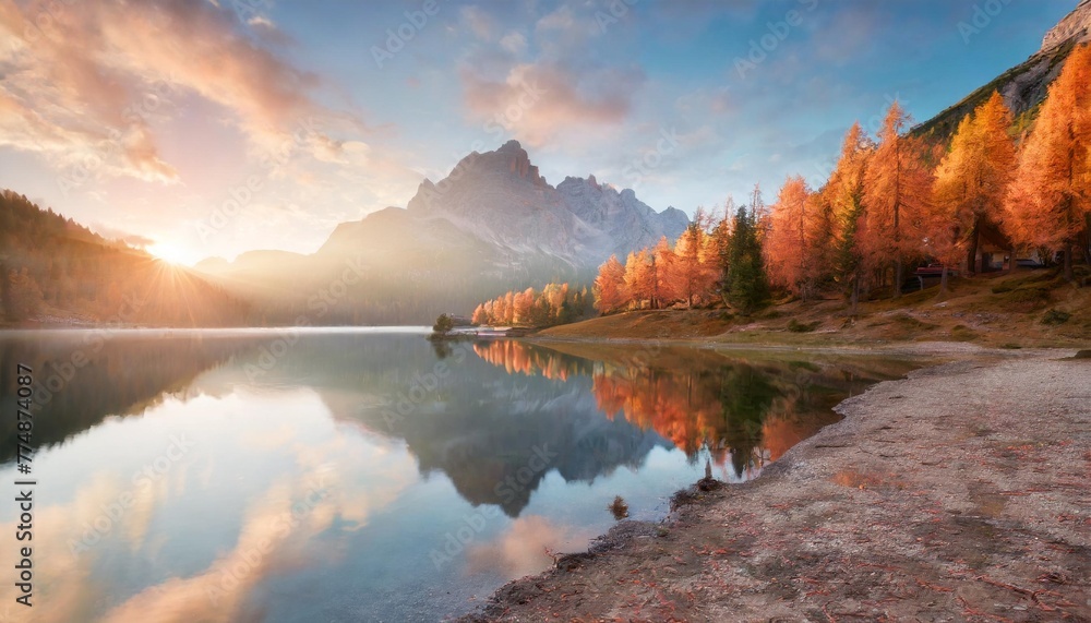 first sunlight glowing hills of federa lake spectacular sunrise in dolomite alps with orange larch trees on the shore colorful morning scene of italy europe beauty of nature concept background
