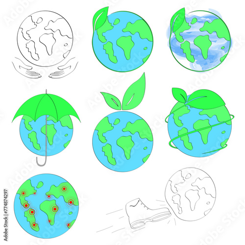 Earth Day. Environmental problems and environmental protection. Caring for Nature. Planet Earth with red points. Set of vector illustrations. Eco friendly and Eco line icons