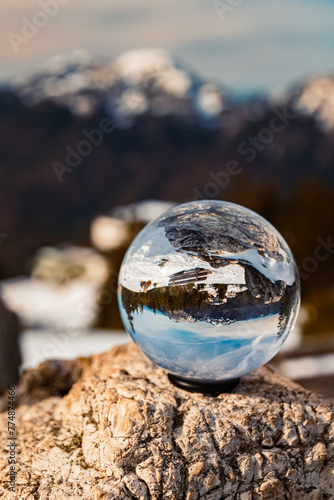 Crystal ball alpine winter landscape shot at Mount Predigtstuhl, Bad Reichenhall, Lattengebirge mountains, Berchtesgadener Land, Bavaria, Germany photo