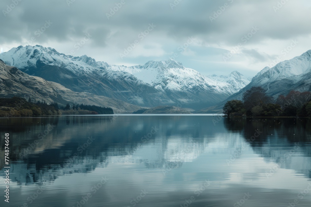 A serene lake surrounded by snow-capped mountains. A serene lake surrounded by snow-capped mountains.