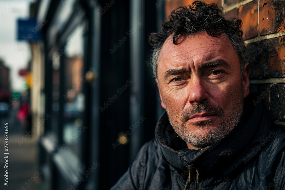 Portrait of a middle-aged man in a black jacket on a city street. Portrait of a middle-aged man in a black jacket on a city street.
