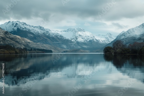 A serene lake surrounded by snow-capped mountains.