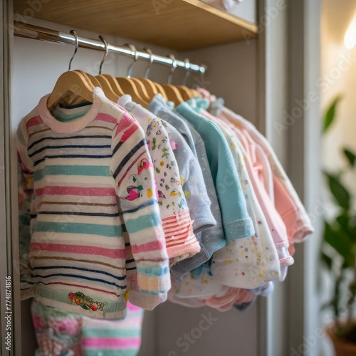 A heartwarming composition featuring a selection of baby clothes hanging in a closet, ready to be worn by a newborn. The soft lighting and gentle colors create a serene atmosphere, capturing the antic © Asad
