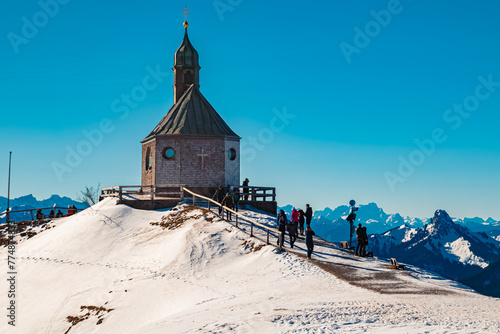 Alpine winter view with a chapel at Mount Wallberg, Rottach-Egern, Lake Tegernsee, Miesbach, Bavaria, Germany