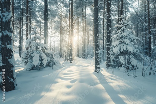 A snowy forest scene with trees covered in a blanket of snow. © KP