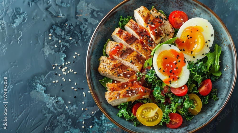 A plate of a salad with eggs and tomatoes on it, AI A plate of a salad with eggs and tomatoes on it, AI
