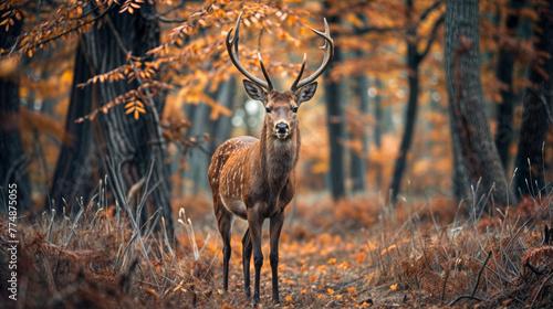 Beautiful red deer in autumn forest. Wildlife scene from nature. © engkiang