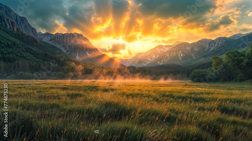 Sunset over the meadow with mountains in the background. Summer landscape. © engkiang