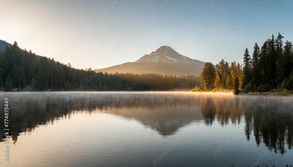 south sister and broken top reflect over the calm waters of sparks lake at sunrise in the cascades range in central oregon usa in an early morning light morning mist rises from lake into trees
