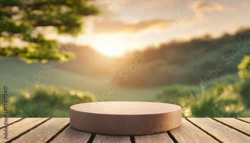 wooden product display podium with green nature garden background 3d rendering