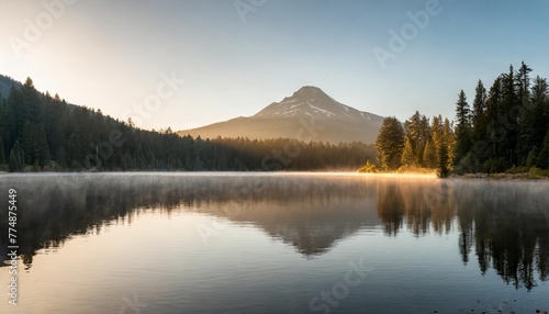 south sister and broken top reflect over the calm waters of sparks lake at sunrise in the cascades range in central oregon usa in an early morning light morning mist rises from lake into trees © Claudio