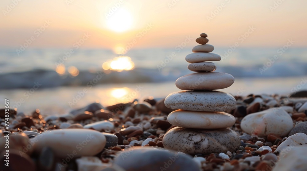 A stack of rocks on a beach with the sun setting in front, AI