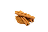Cinnamon powder  isolated on white background. Spicy spice for baking, desserts and drinks. Fragrant ground cinnamon.
