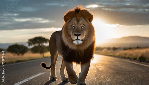 a male lion panthera leo walks in a spotlight of a vehicle at night