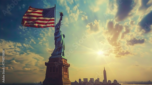 advertising poster or banner for labor Day, American patriotic background with the statue of Liberty and USA flag