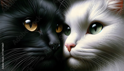 A highly detailed and realistic painting of two cats close together, face to face. One cat has luxurious black fur with deep, golden eyes, and the other is white cat