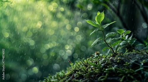 Green plant in the rain with bokeh background, nature concept