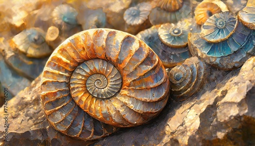 elaborate and unique calcified ammonite sea shell spirals embedded into rock prehistoric fossilized beauty of an ancient past with colorful iridescent texture and surface patterns art photo
