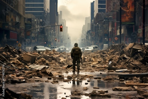 Silhouette of a faceless soldier walking amidst the ruins of a war torn cityscape.