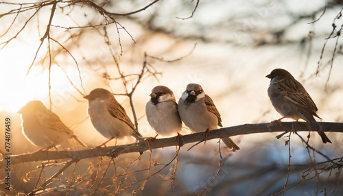 small funny birds sparrows sitting on a branch on the panoramic picture