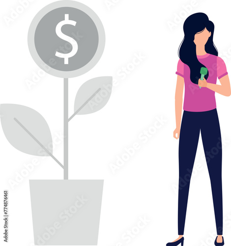 The girl is standing next to the dollar plant.