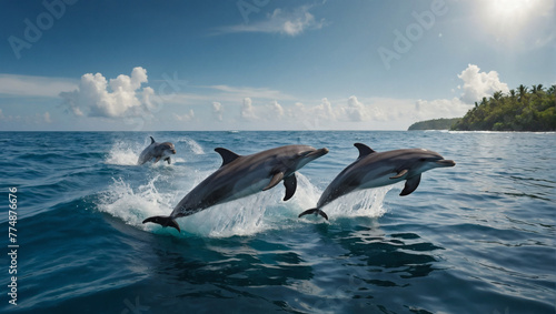 A pod of dolphins frolicking in the waves off the coast of a tropical island. © xKas